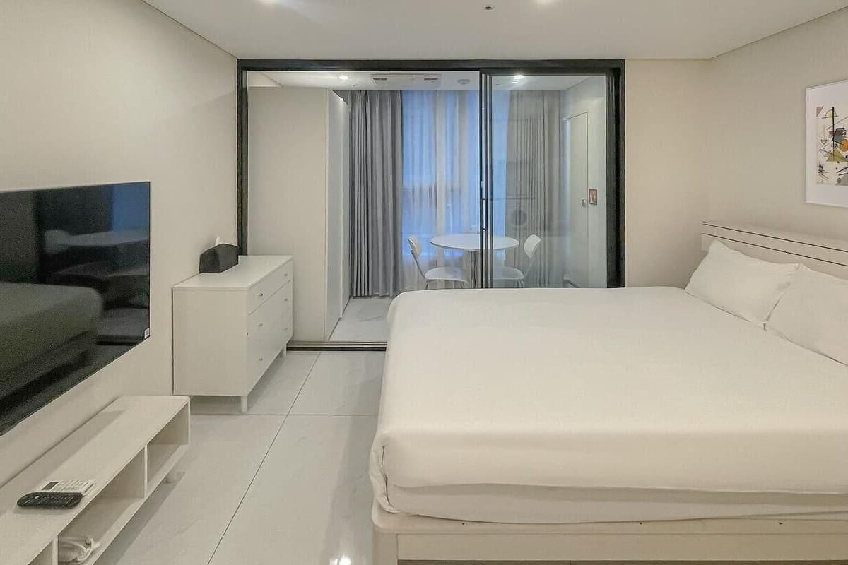 Premium bedding, individually furnished, blackout curtains