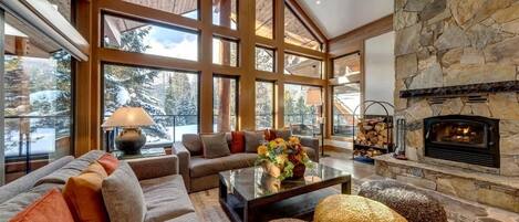 Televisión, chimenea y oficina