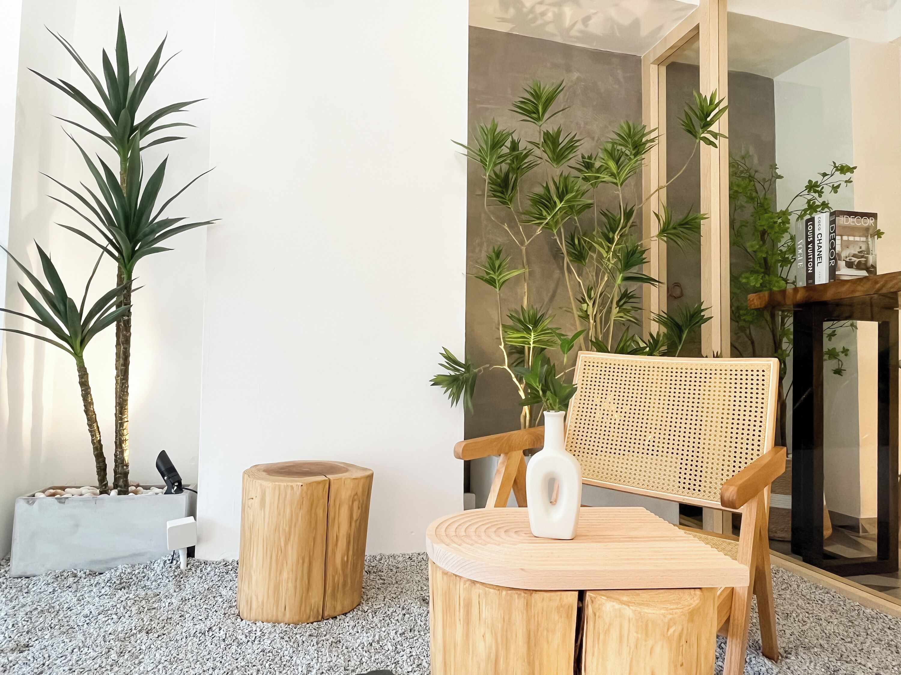 A modern living room with a wooden chair, a small round table, and a potted plant.
