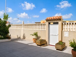 A gated entrance with a white door, potted plants, and a tiled patio area.
