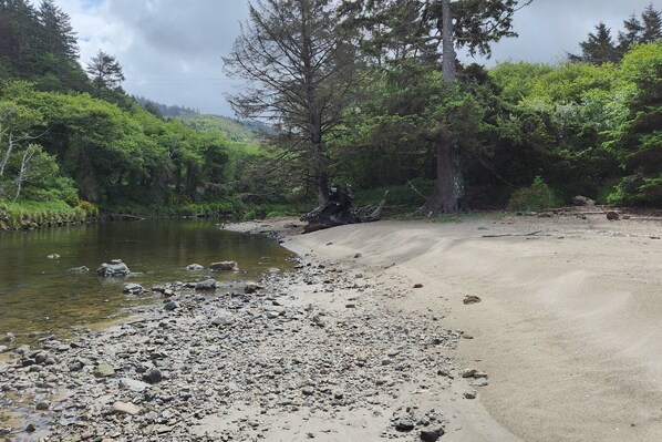 A natural landscape with a river, trees, and a sandy area. - Neskowin Beach Escape, Family & Pet Friendly, Fully Fenced Backyard, EV Charger, Short Walk to Beach (Neskowin)