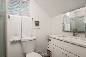 Douche, séchoir à cheveux, serviettes fournies, shampooing