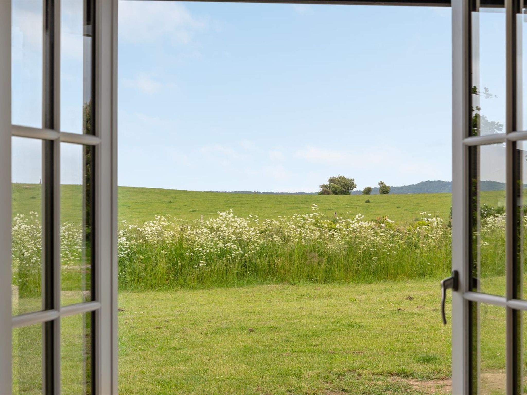 A view through a window with a grassy field and a clear sky.