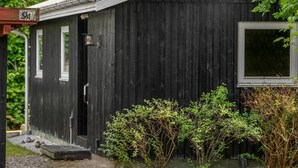 Ein kleiner, dunkler Holzschuppen mit Tür und Fenster, umgeben von viel Grün.