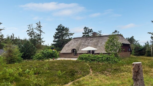 A thatched-roof house with a brick exterior, surrounded by greenery and a clear sky. - "Ilva" - 300m to the fjord by Interhome (Ulfborg)