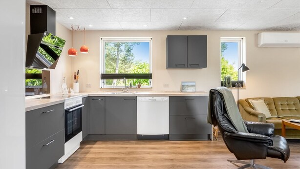 A modern kitchen with grey cabinets, a dishwasher, and a window overlooking greenery. - "Eira" - 350m to the fjord by Interhome (Tarm)