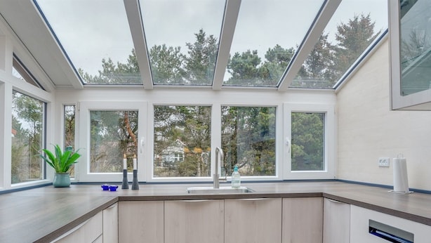 Een moderne keuken met dakraam, een spoelbak en een kamerplant.