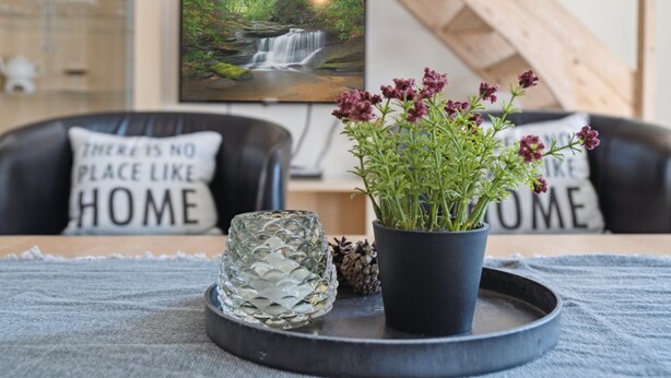 Un salon chaleureux avec un escalier en bois, un téléviseur diffusant une scène de la nature et une plante en pot posée sur un plateau.
