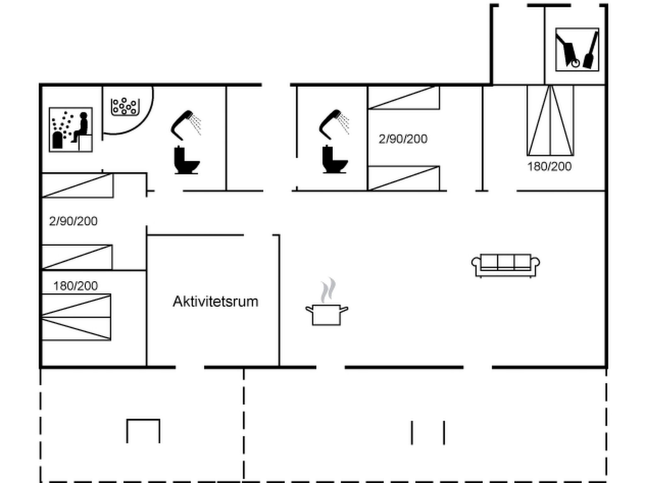 A floor plan with a kitchen, bathroom, and a living area.