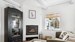A living room with a fireplace, a black cabinet with glass doors, a sofa with cushions, and a window with a view of trees. - "Dana" - 525m from the sea by Interhome (Tranekær)
