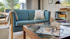 Een gezellige woonkamer met een blauwe bank, een glazen salontafel en een boekenkast.