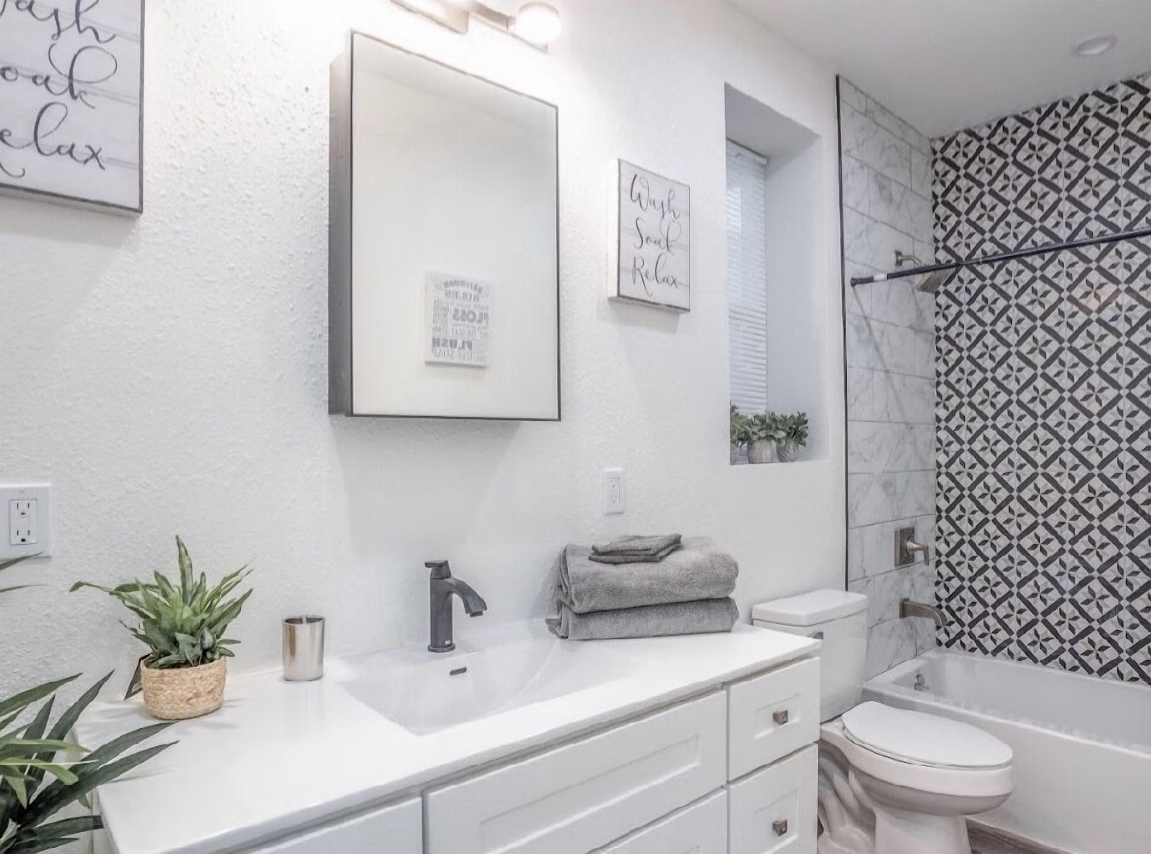 Hair dryer, towels, soap, shampoo