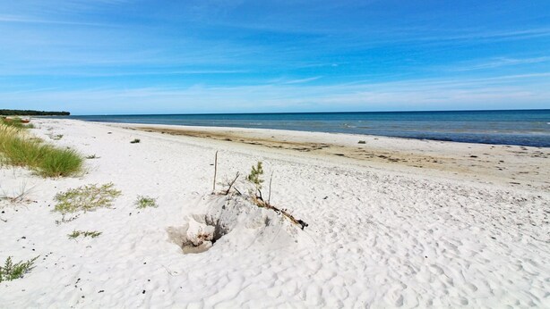 Een zandstrand met een heldere lucht en zee.