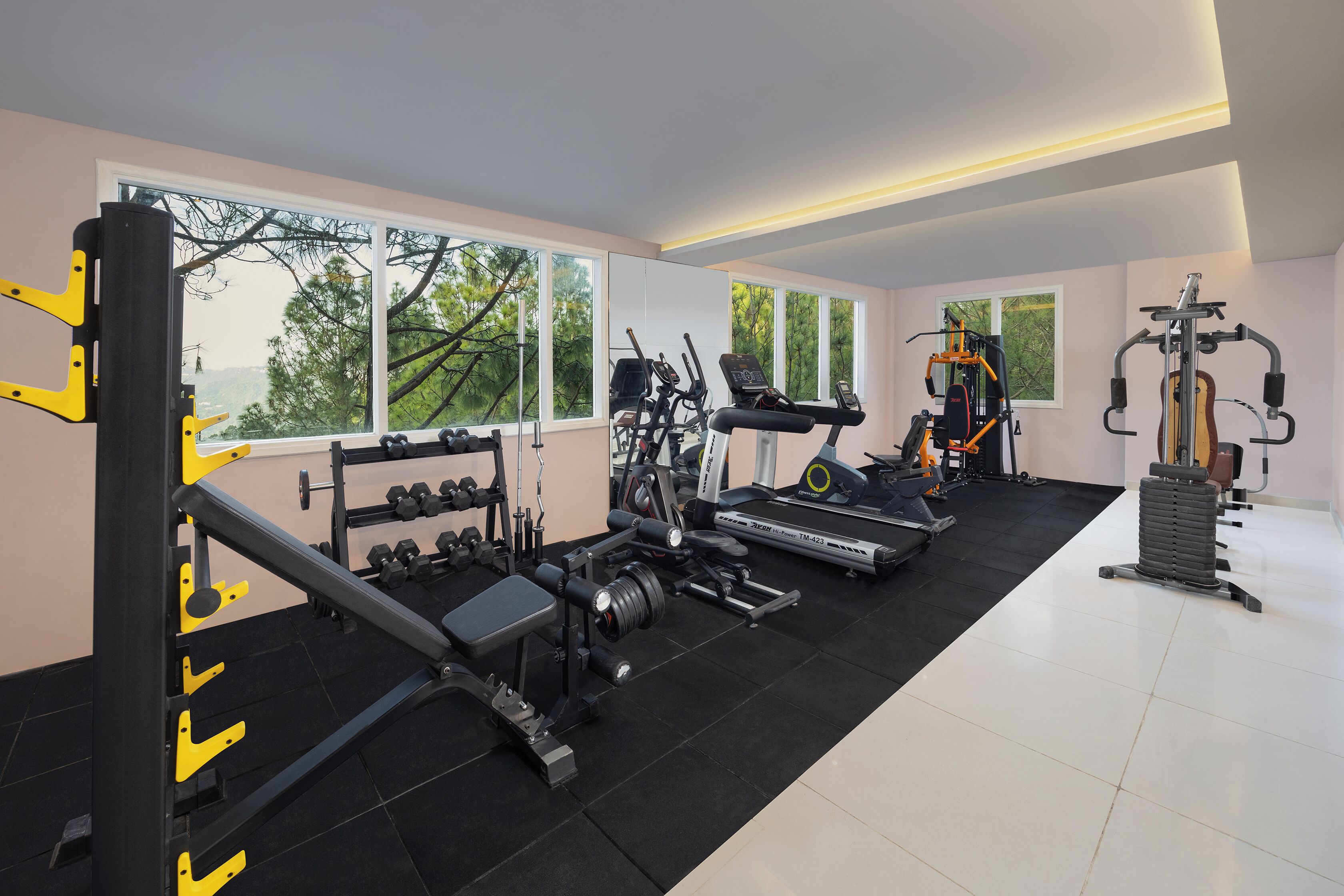 Un gimnasio con diverso equipo de ejercicio, amplias ventanas y vistas a árboles.