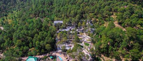 Vista aérea de una zona residencial con varias casas, una piscina y un césped bien cuidado.