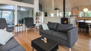 A modern living room with a fireplace, grey sofas, a coffee table, and a bookshelf. - "Kragh" - 950m from the sea by Interhome (Løkken)
