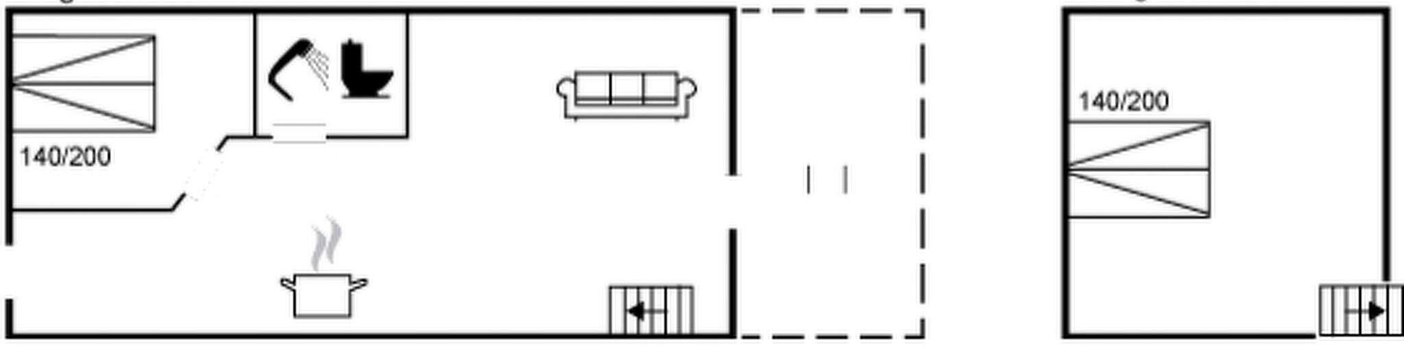 Distribución de una habitación con cama, ducha, inodoro y lavamanos.