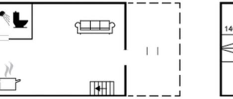 Distribución de una habitación con cama, ducha, inodoro y lavamanos.
