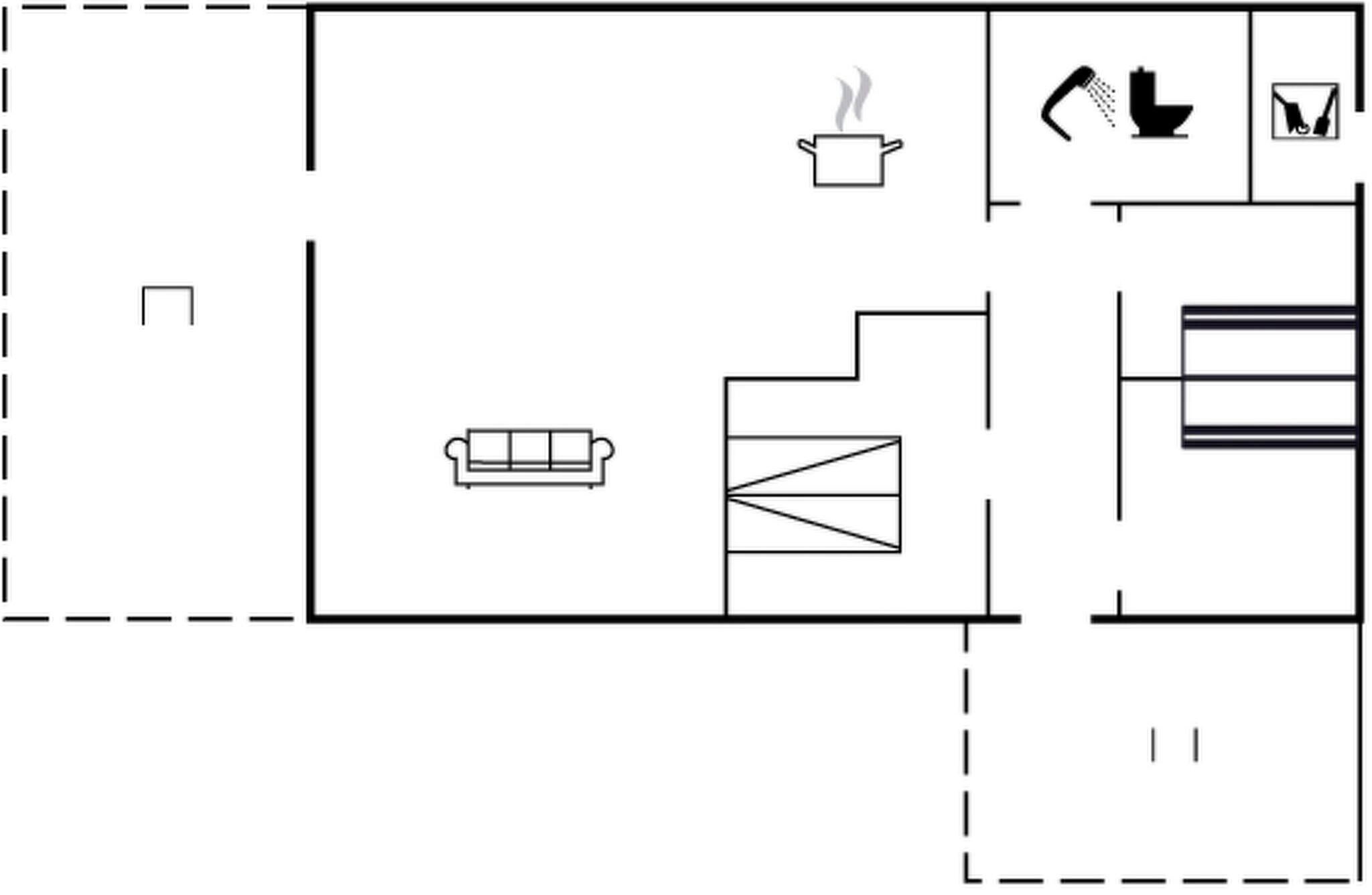 A floor plan with a kitchen area, a dining table, and a sofa.