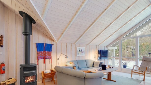 Una sala de estar acogedora con una estufa de leña, un sofá cómodo, un televisor y un gran ventanal con vistas al exterior.