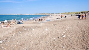 En strand med folk, der solbader og svømmer.