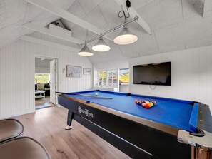 Ein Billardtisch mit blauer Spielbahndecke, eine Billardkeule und ein Satz Kugeln. An der Wand ist ein Fernseher angebracht, und eine Tür führt in einen Außenbereich.