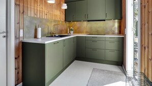 A compact kitchen with green cabinets, a white countertop, and a wooden ceiling. - "Absolon" - 1.5km from the sea by Interhome (Blåvand)