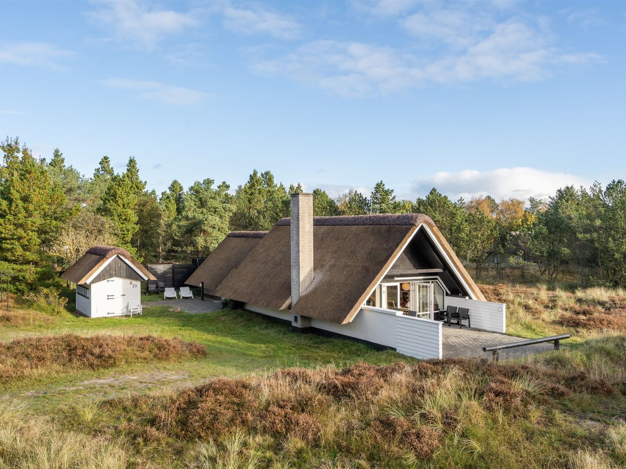 A modern house with a large thatched roof, a separate small shed, and a grassy landscape.