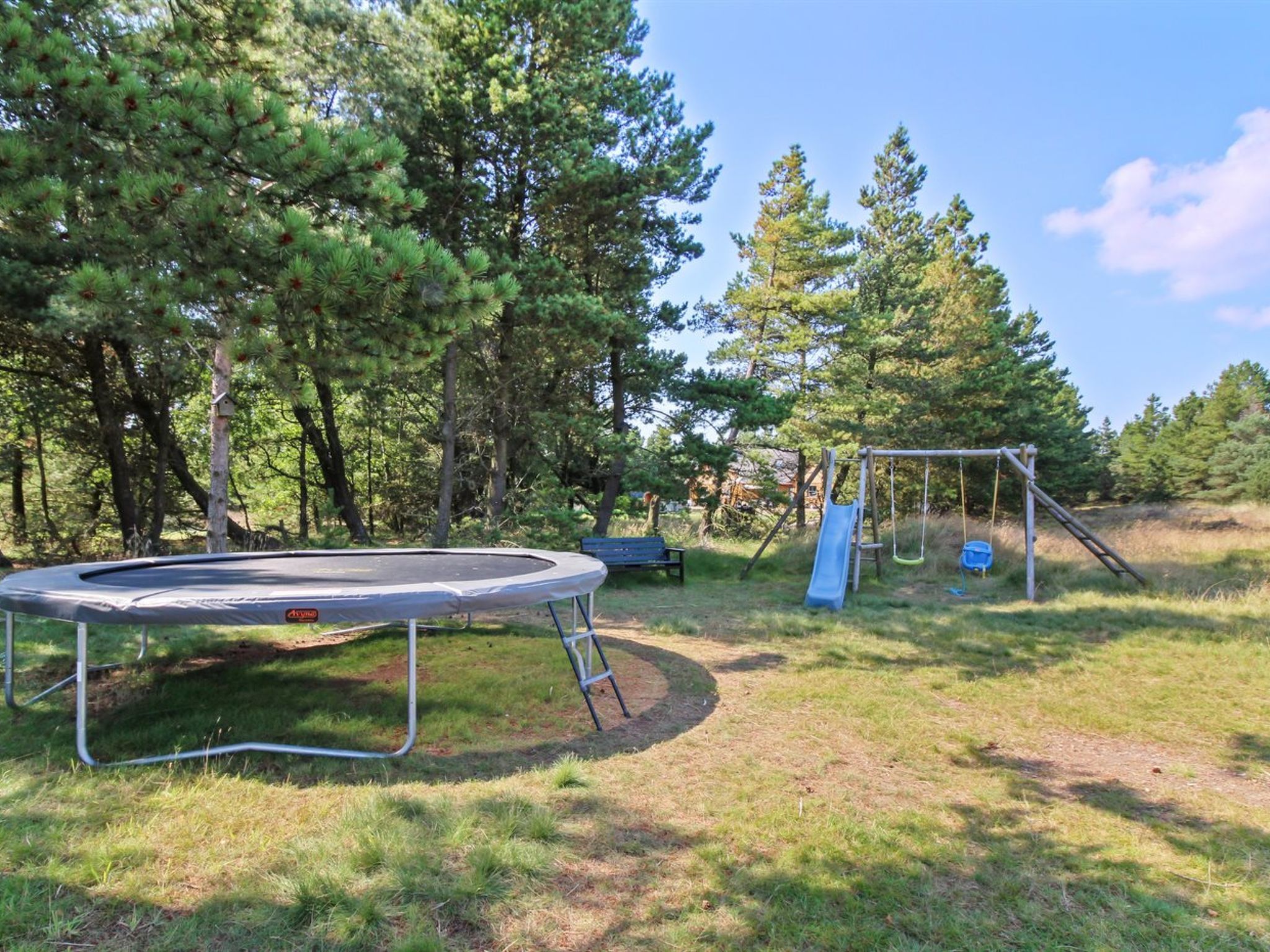 A trampoline, a swing set, and a slide in a grassy area surrounded by trees.