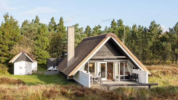 A modern house with a sloped roof and a chimney, surrounded by a grassy field and trees.