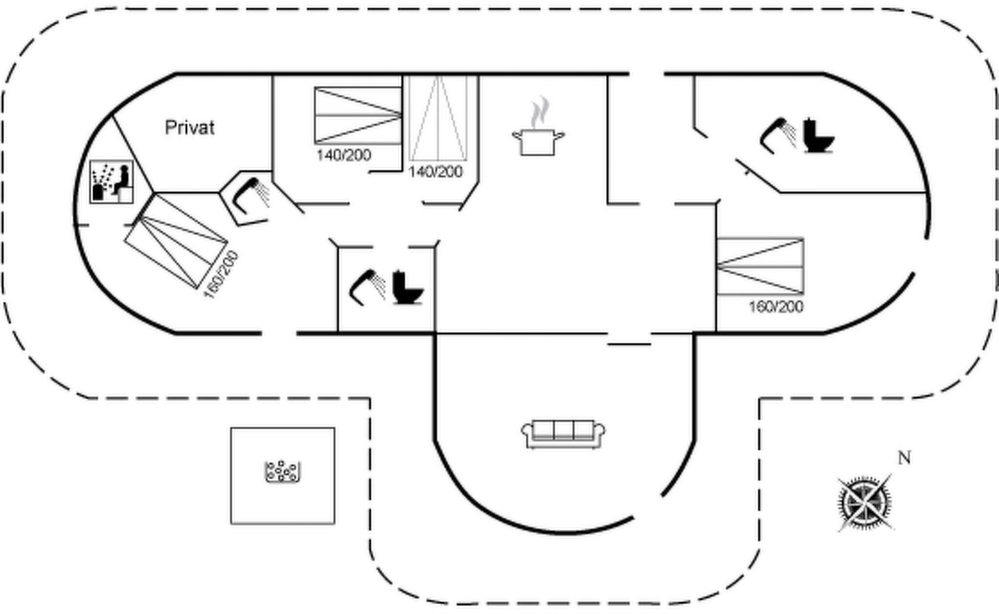A floor plan with a private area, a kitchen, a living room, and a bathroom.