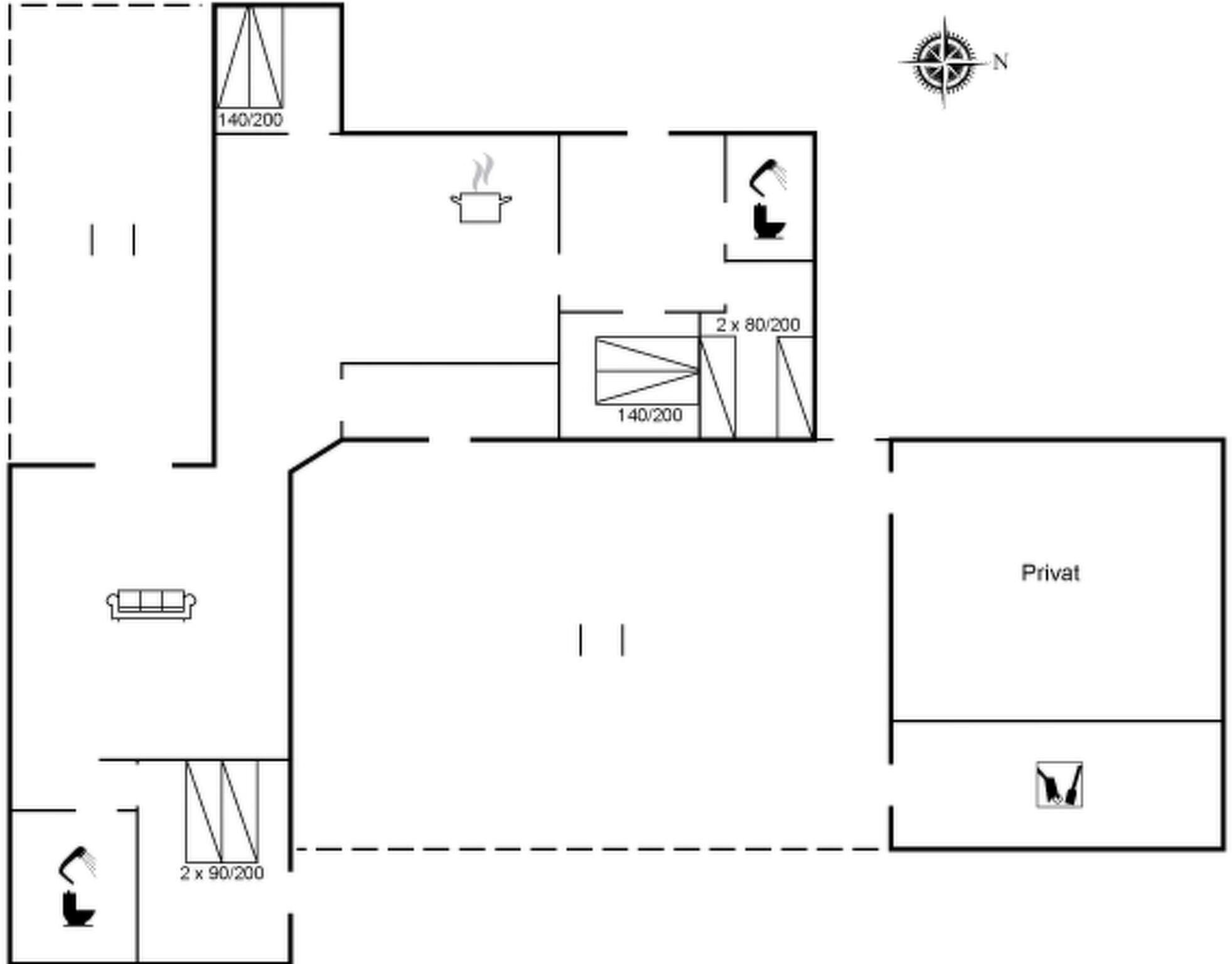 A floor plan with a private room, a kitchenette, a bathroom, and a living area.