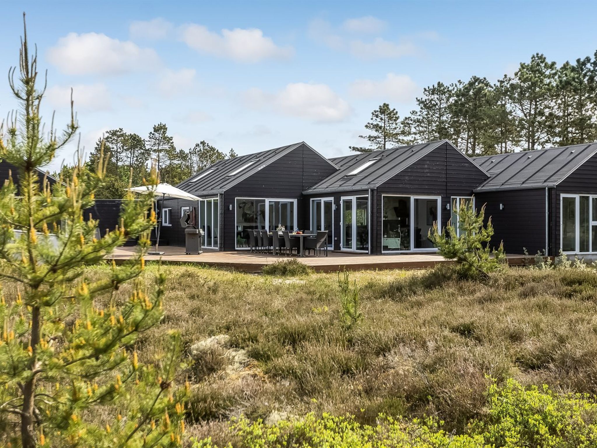 Une rangée de cabanes modernes aux couleurs sombres, dotées de grandes portes vitrées et d’un espace patio à l’avant.