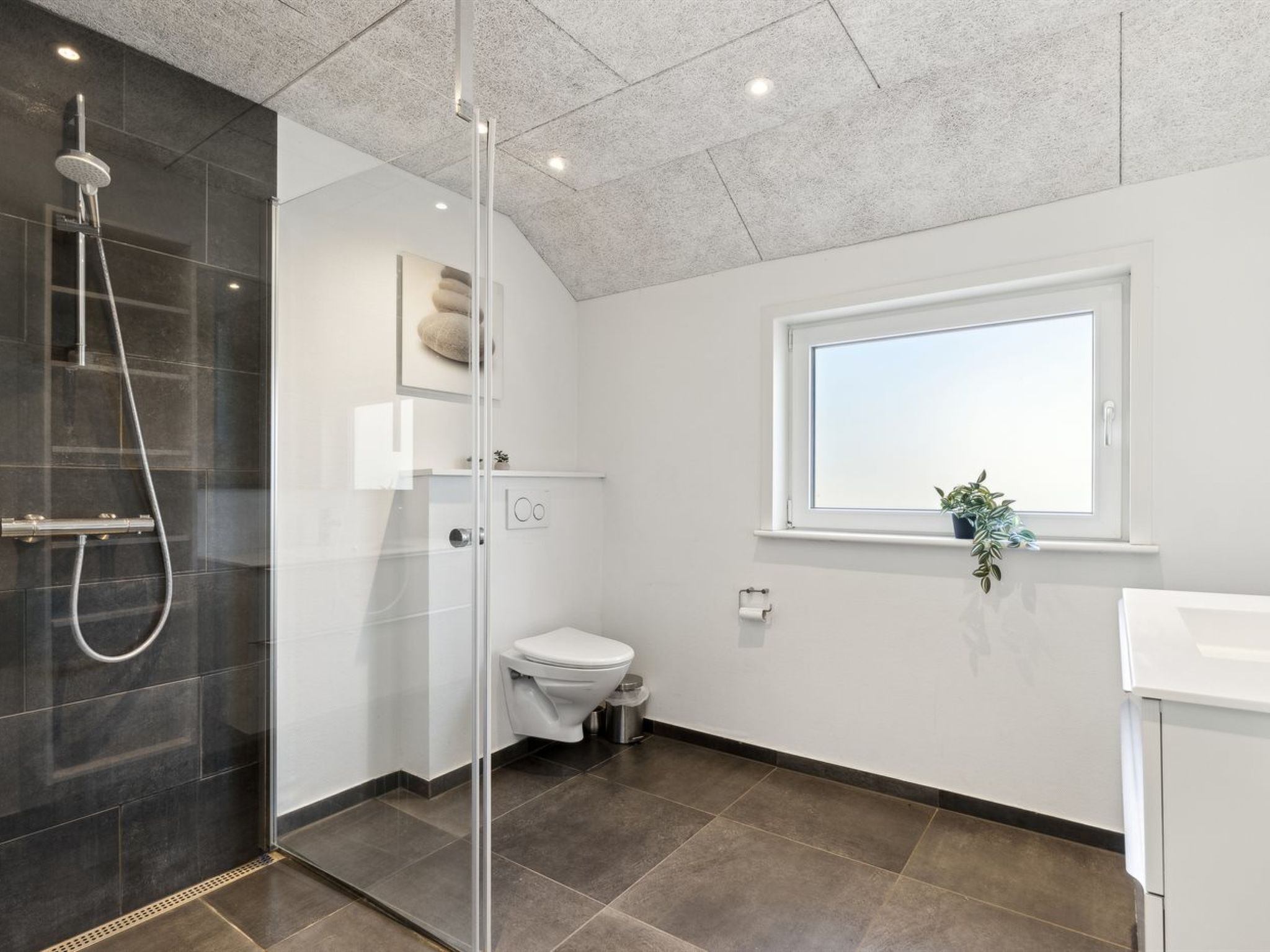 A modern bathroom with a glass-enclosed shower, a toilet, and a sink.