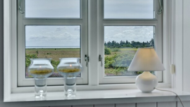 A window with a view of a grassy field and trees, a white lamp on the windowsill, and two glasses. - "Thorben" - 3.5km from the sea by Interhome (Rømø)