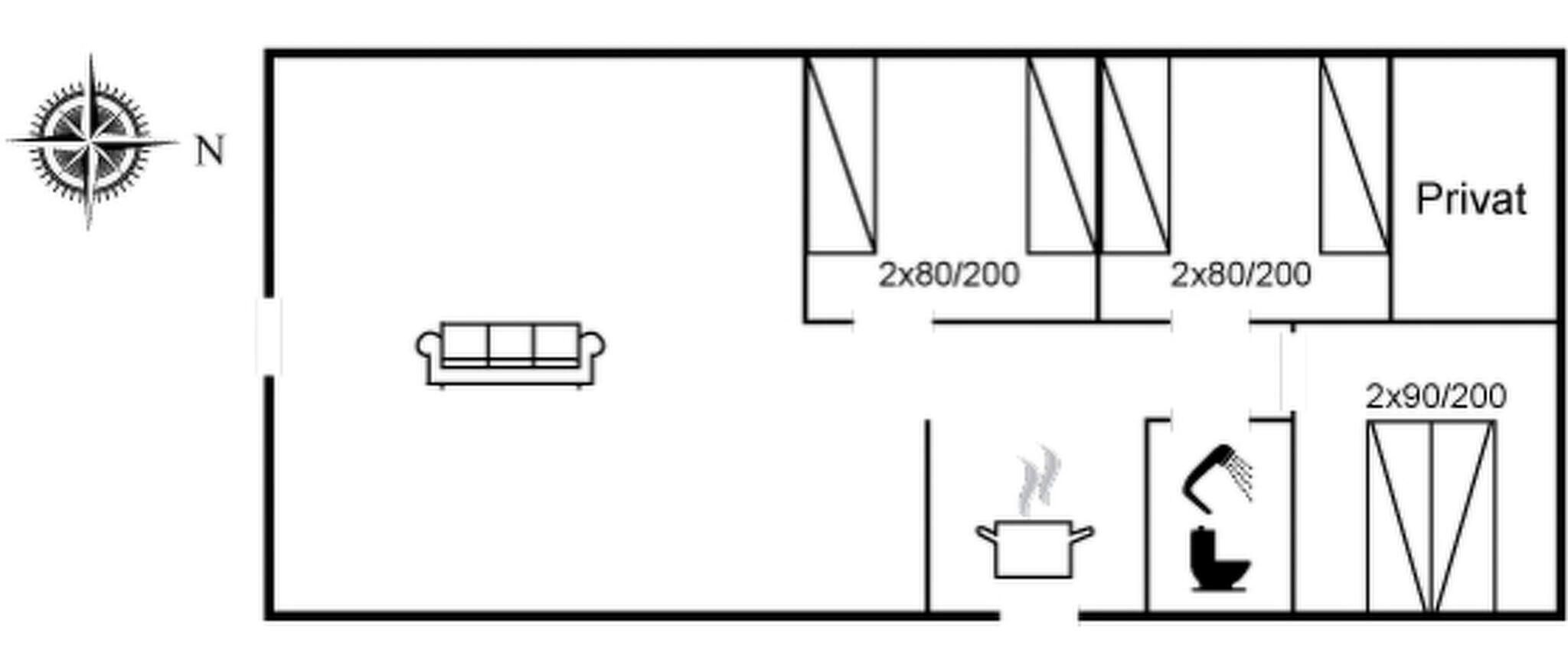 Een plattegrond met een privégedeelte, kitchenette en een bank.