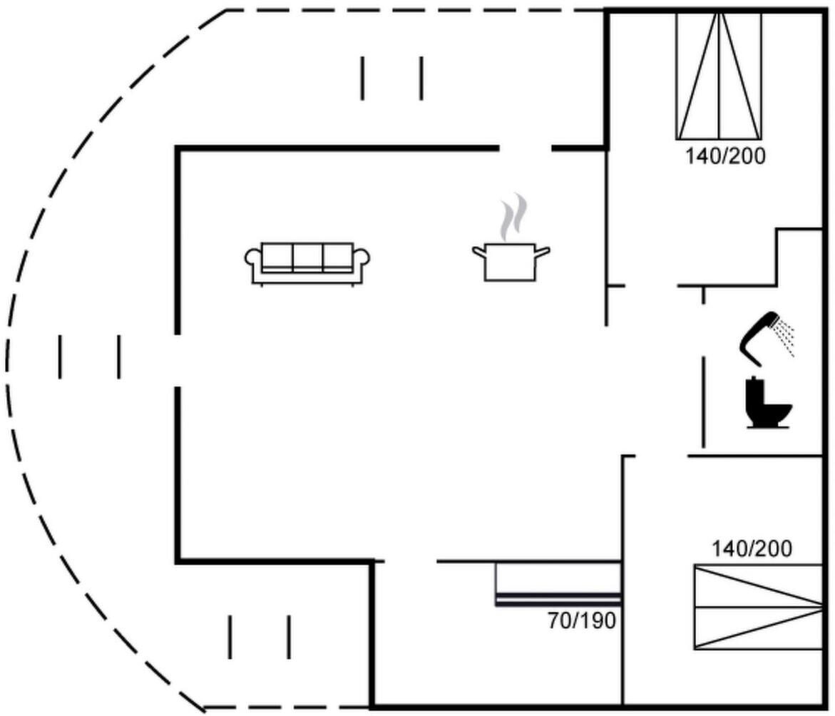 A floor plan with a living area, kitchen, and bathroom.