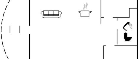 A floor plan with a living area, kitchen, and bathroom.