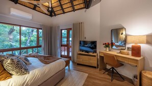 A bedroom with a bed, TV, desk, chair, and large windows.