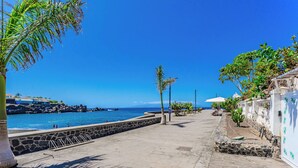 A coastal walkway with a stone wall, palm trees, and a view of the sea.