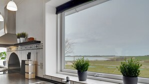 A modern kitchen with a large window, stainless steel sink, and potted plants. - "Imilie" - 250m to the fjord by Interhome (Redsted Mors)
