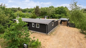A black metal building with a flat roof, surrounded by trees and a dirt path.
