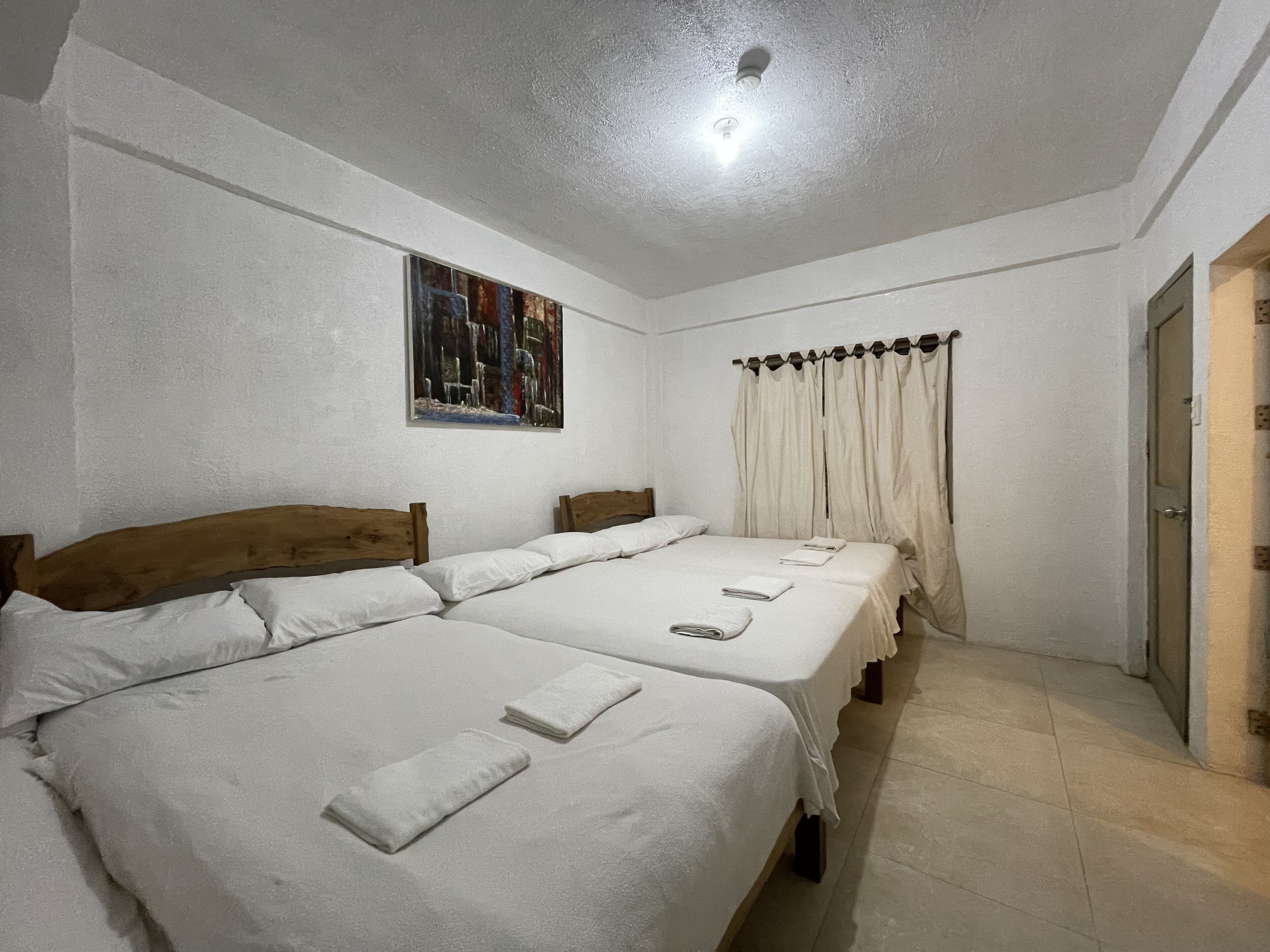Una habitación de hotel con dos camas, un cuadro en la pared y una puerta a la derecha.
