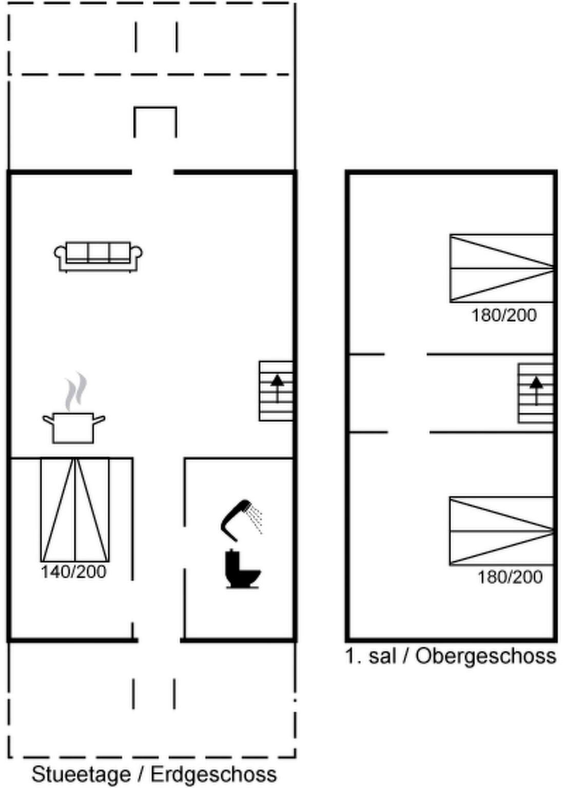 A floor plan with a kitchenette, a stove, a sink, and a shower.