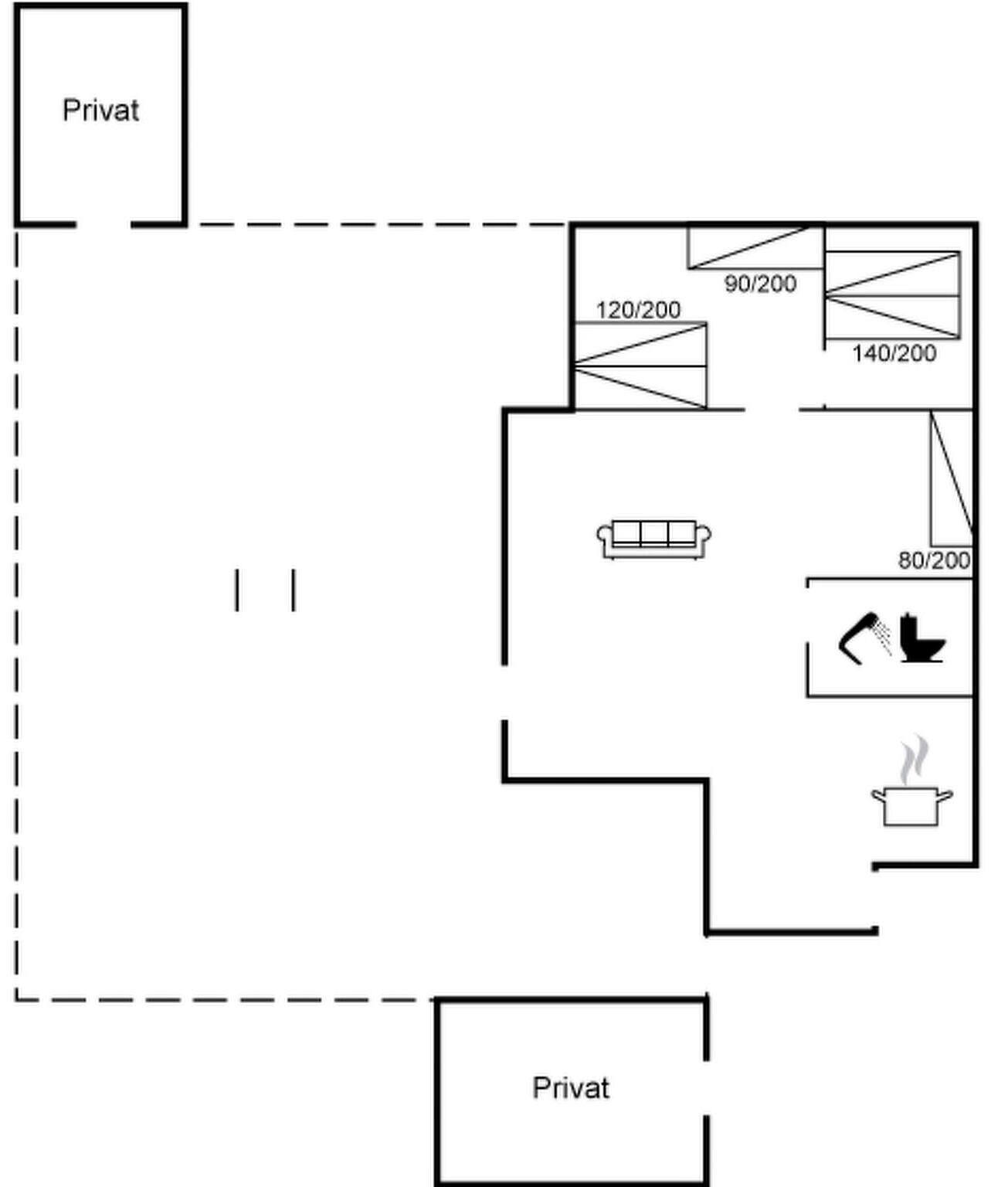 A hotel floor plan with two private rooms, a kitchenette, and a bathroom.
