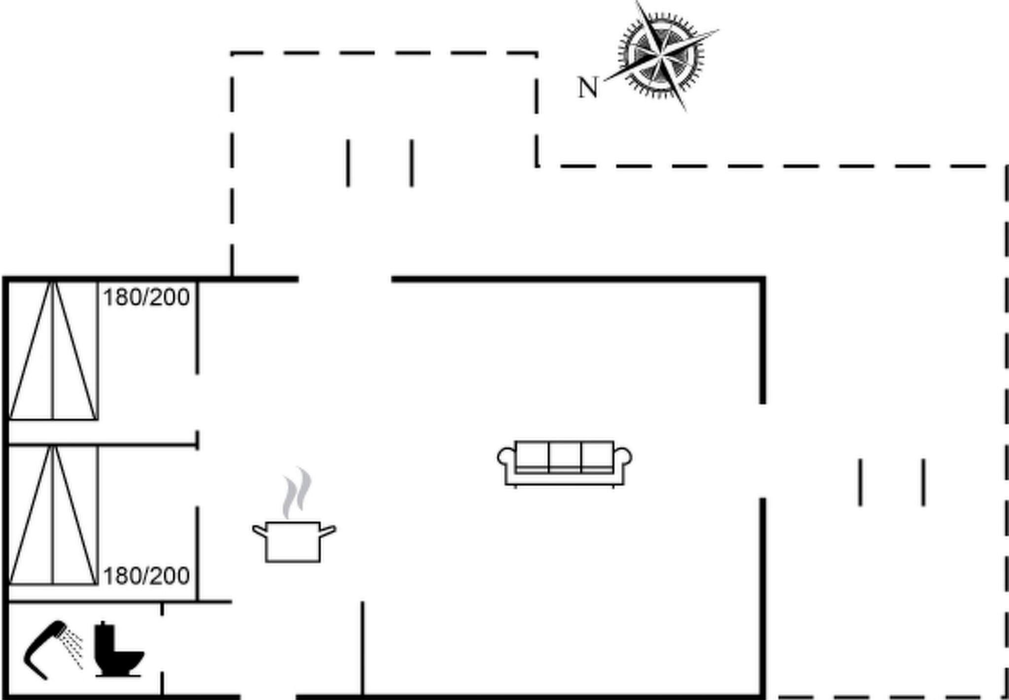 A floor plan with a kitchen, a dining area, and a bathroom.