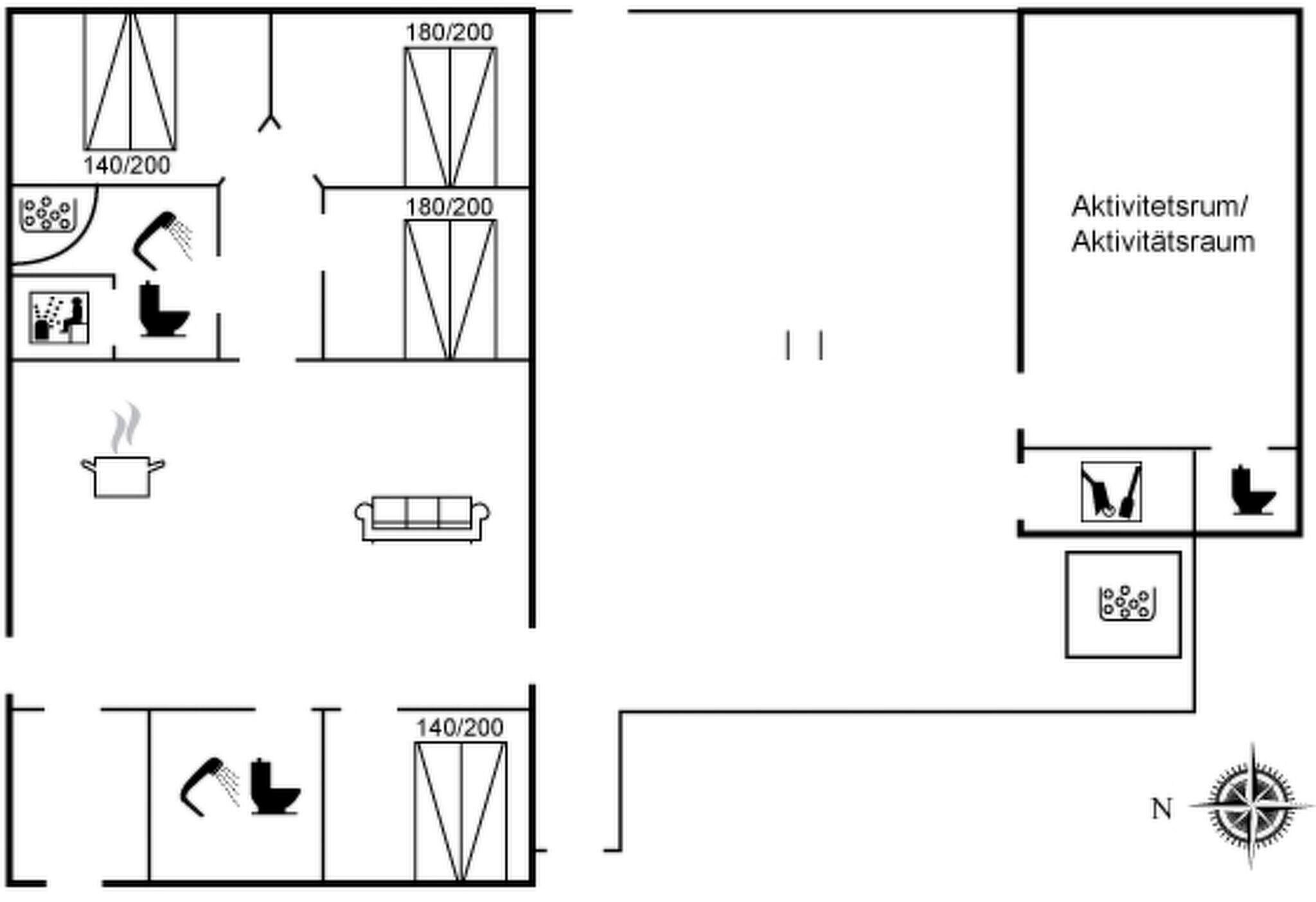 Een plattegrond met een keuken, badkamer en een woongedeelte, aangeduid als 'Aktivitätsraum'.