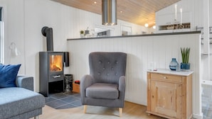 Un salon chaleureux avec une cheminée moderne, un fauteuil confortable et un meuble en bois.