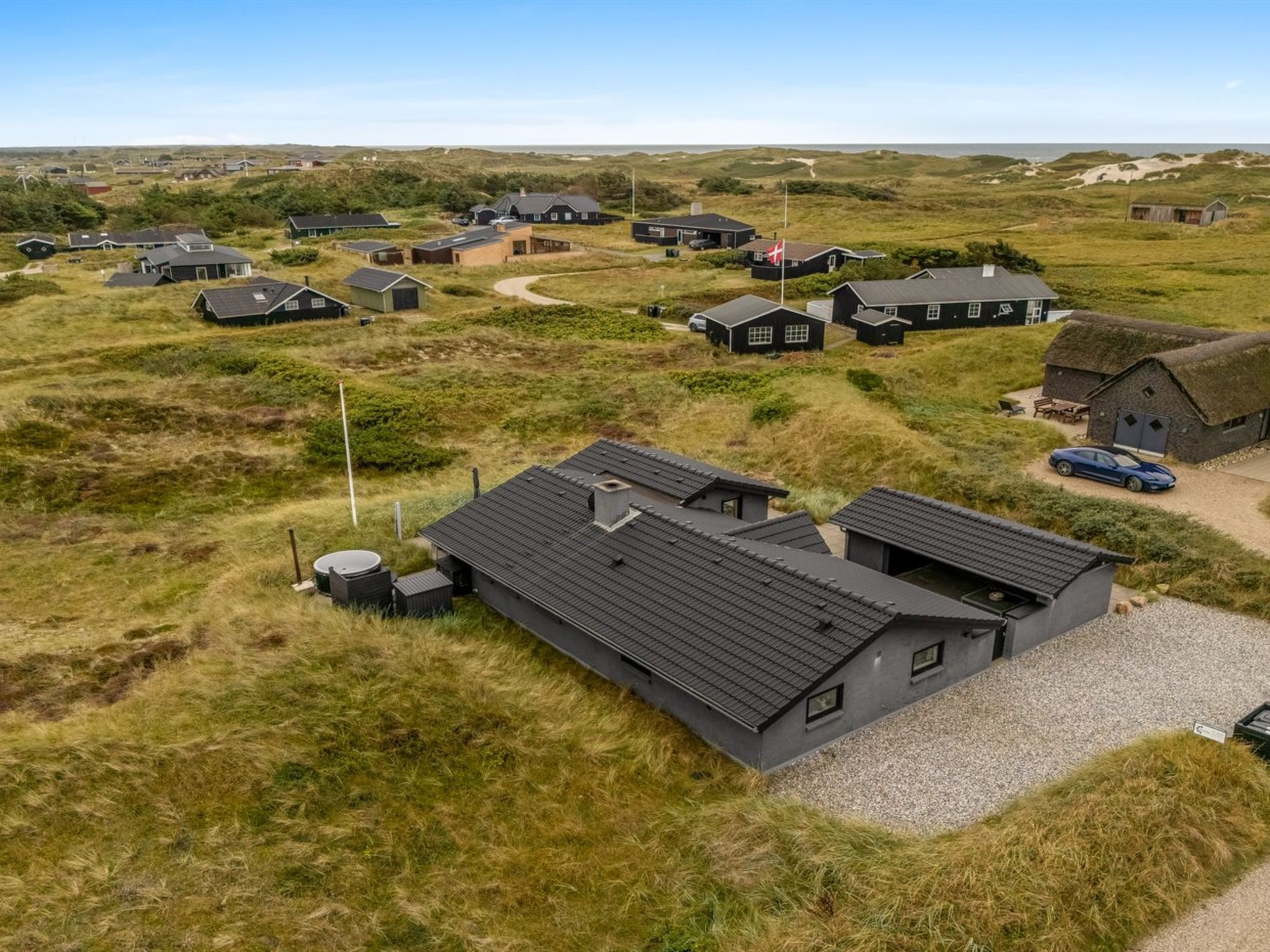 A rural area with multiple houses, some with thatched roofs, surrounded by grassy fields and a clear sky.
