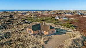 Una casa costera con techo de paja, rodeada de dunas y otras viviendas.